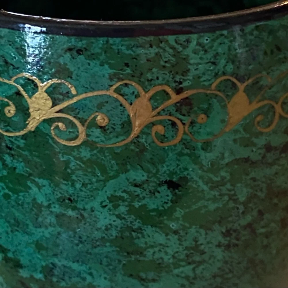 Vintage Russian Lacquerware Tea Cup w/ Faux Malachite Finish Gold Trim 3”